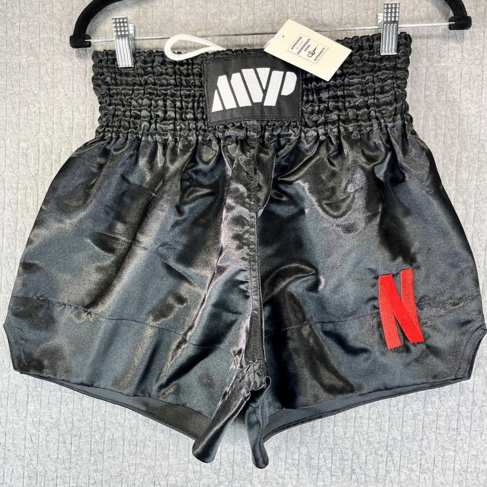 New MVP Netflix Muay Thai Boxing fight Shorts Youth M/26 Black Satin MMA sparing